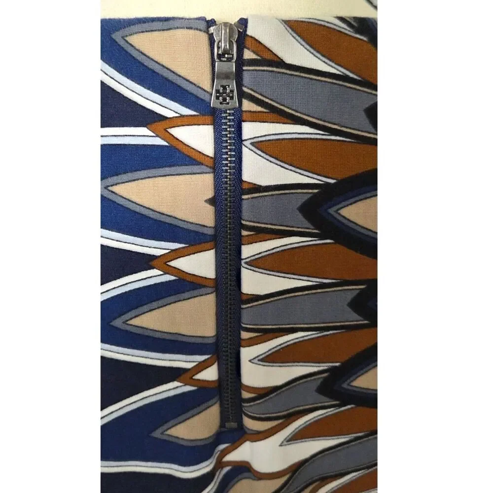 Tory Burch Deco-Fan Print Short-Sleeve Shift Dress Sz L Blue Stretch Comfy